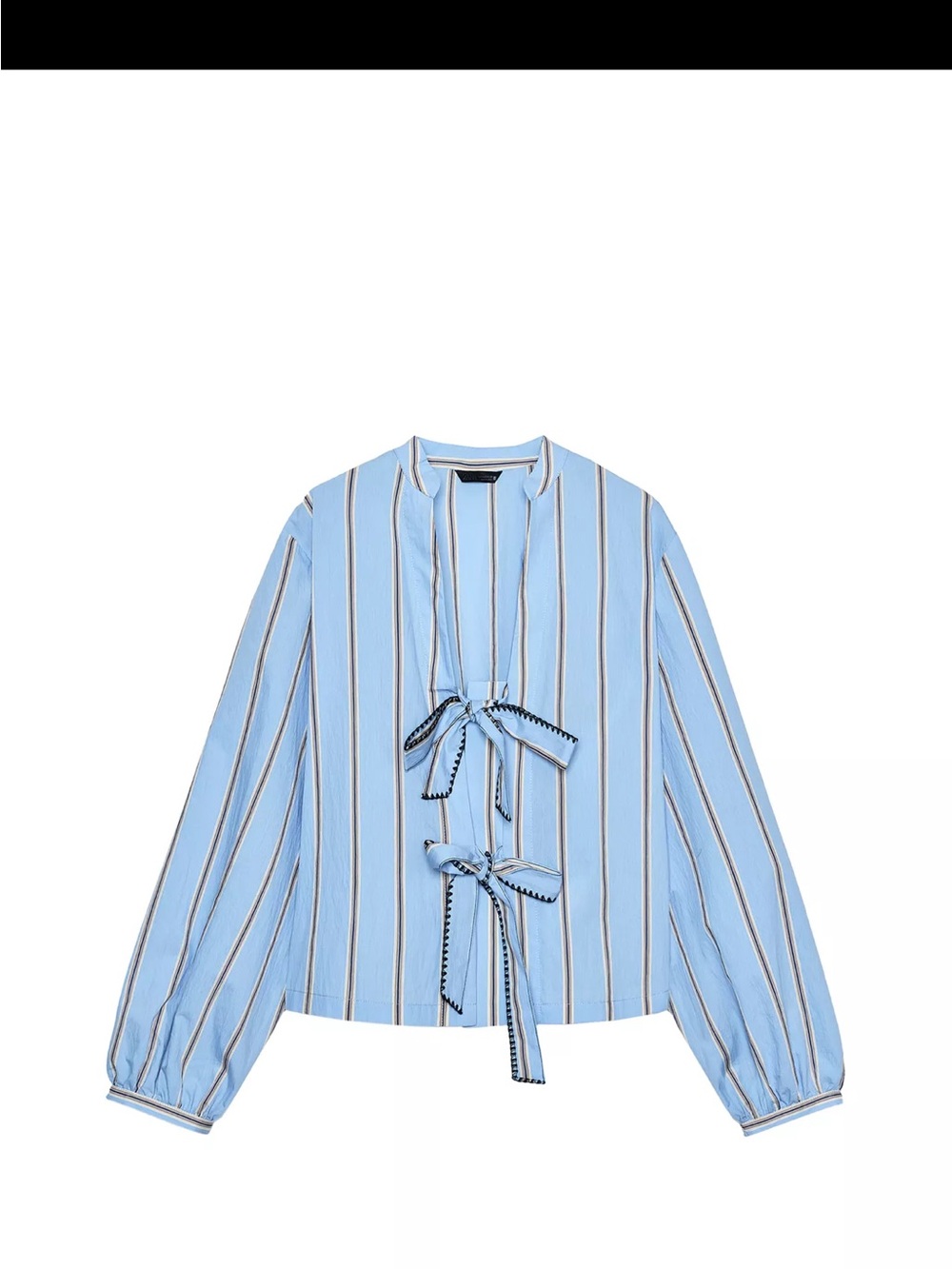 Striped Light Blue Tie-Front Poplin Blouse